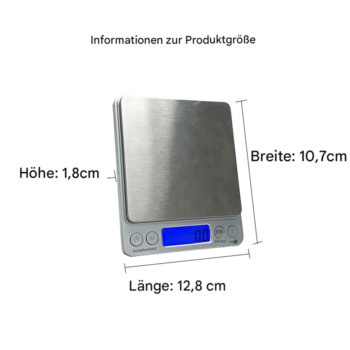 Eine silberne Digitalwaage mit Abmessungen und einer Anzeige mit '0,0' und 'STK'.