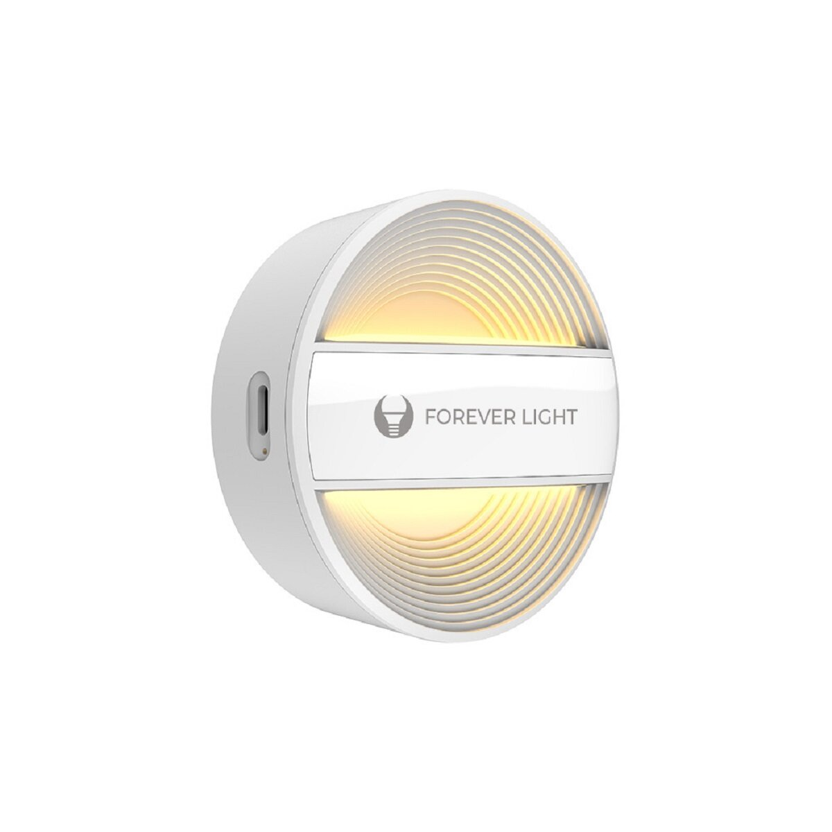 Ein weißes, rundes Nachtlicht mit einer Lichtquelle und den Worten „FOREVER LIGHT“ auf der Vorderseite.