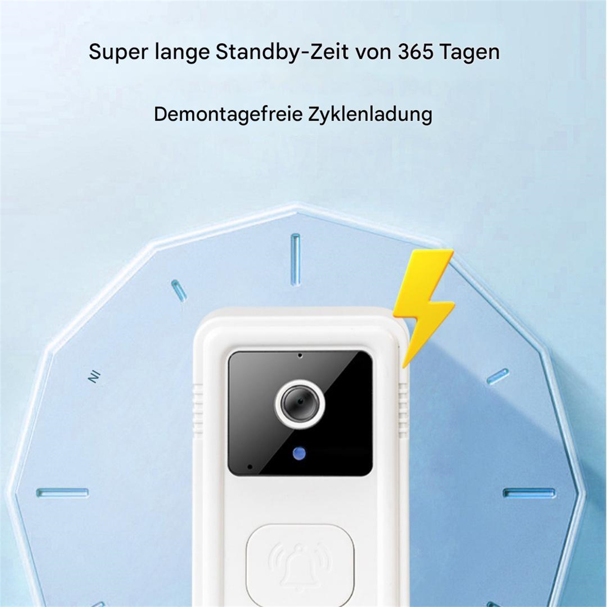 Weiße Türklingel mit Kamera, Blitzsymbol und blauer Uhrenform.