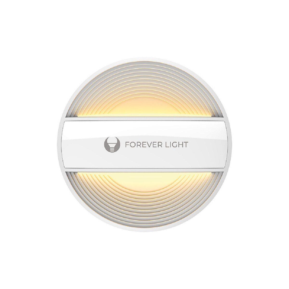 Rundes weißes Licht mit rechteckigem Mittelteil mit der Aufschrift „FOREVER LIGHT“.