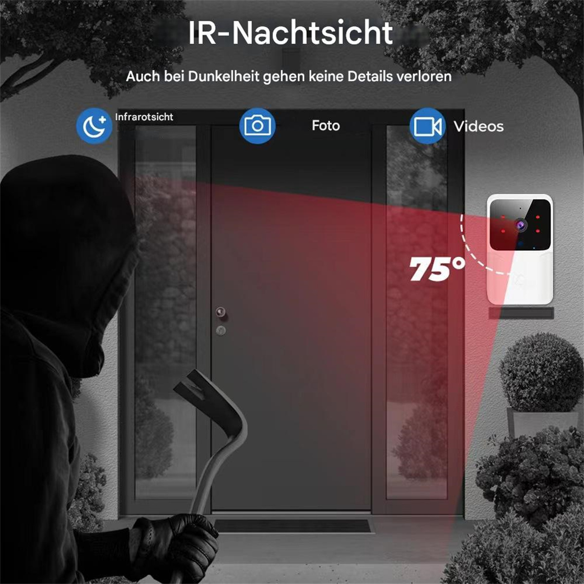Eine Person mit einem Brecheisen steht vor einer Tür, eine Überwachungskamera mit rotem Licht ist an.