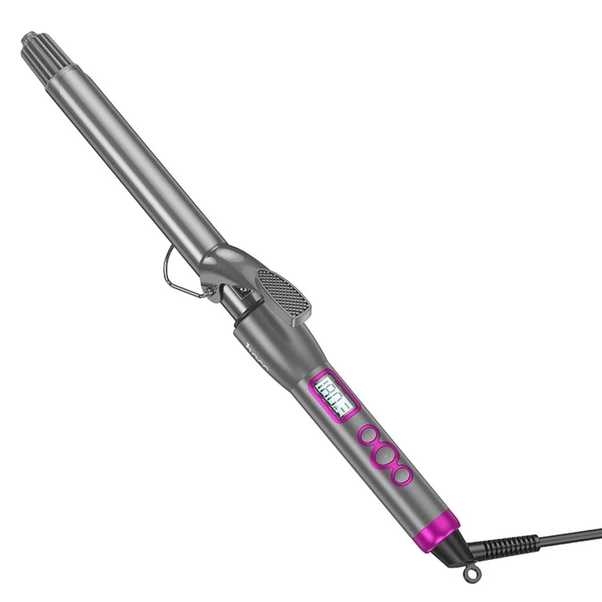 Un arricciacapelli grigio con dettagli rosa e un display digitale che mostra un numero.