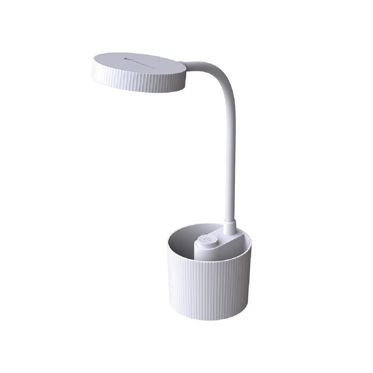 Weiße Schreibtischlampe mit gebogenem Arm und zylindrischem Sockel. Die Lampe steht auf Weiß.