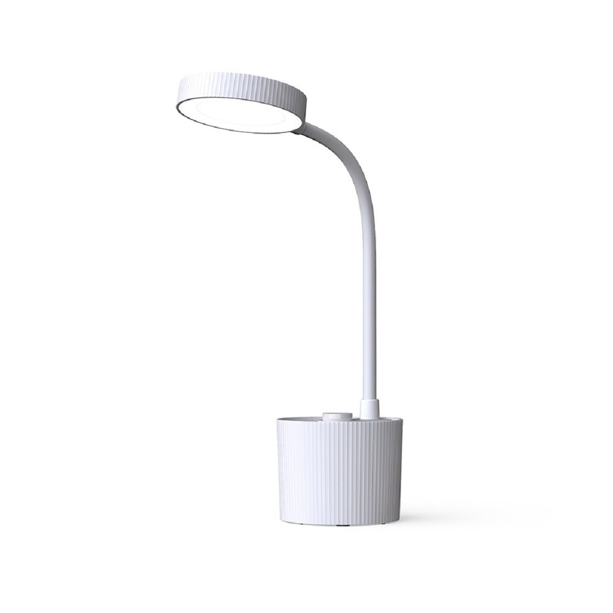 Weiße Schreibtischlampe mit rundem Licht. Sie hat einen flexiblen Hals und einen Sockel mit Stifthalter.