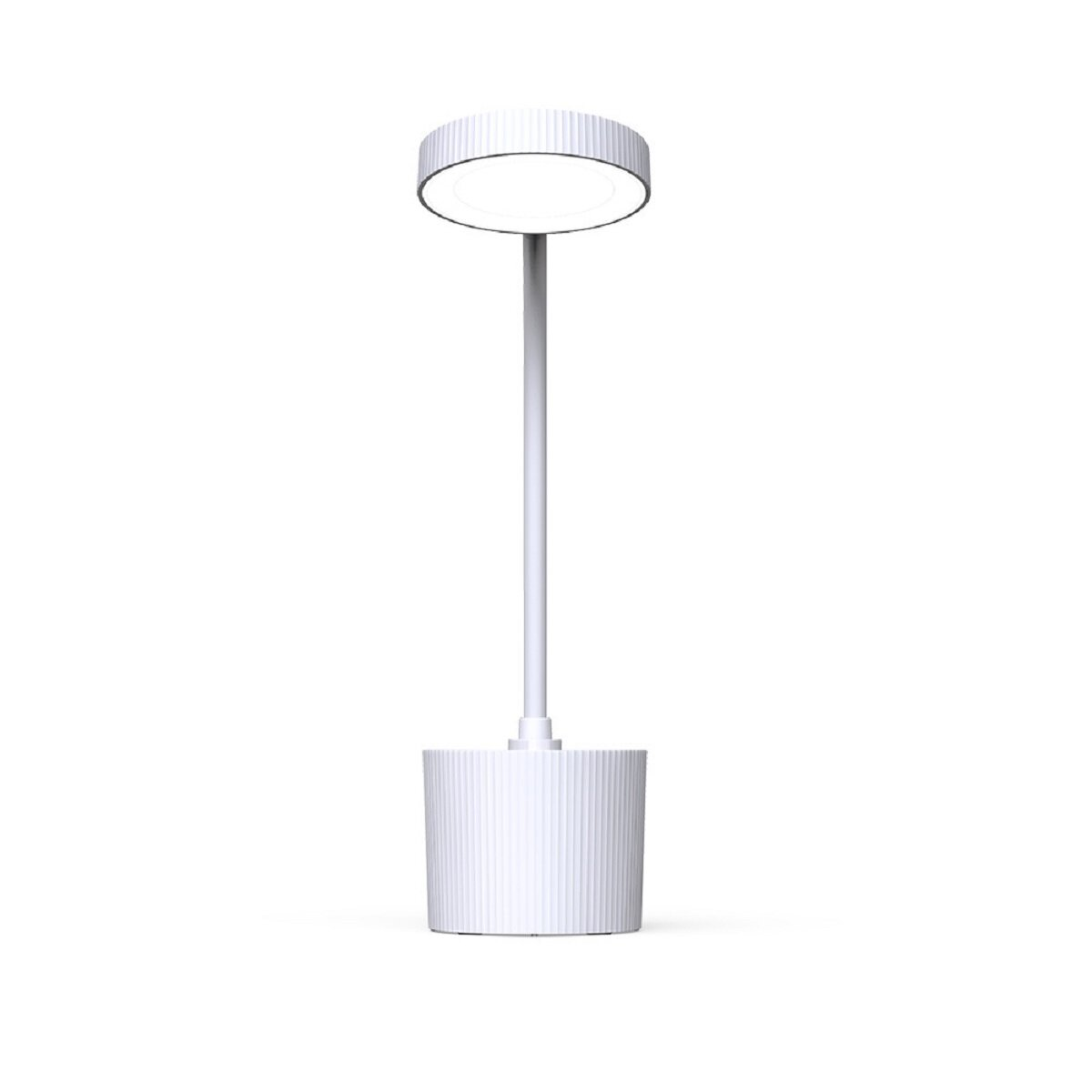 Eine weiße Schreibtischlampe mit kreisförmigem Licht. Der Sockel ist ein weißer Zylinder. Auf Weiß isoliert.