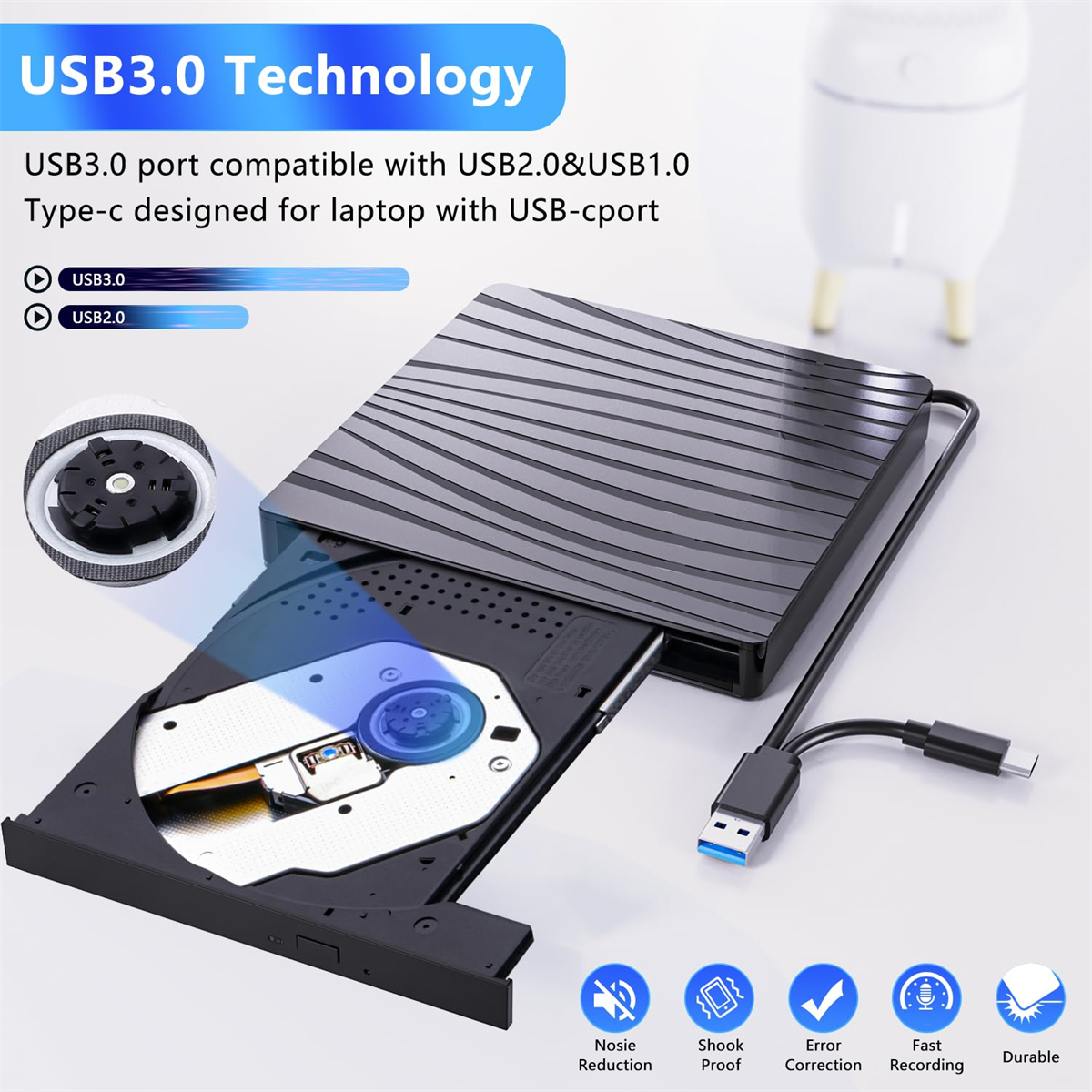 Schwarzes externes DVD-Laufwerk, geöffnet. USB-Kabel und USB 3.0-Logo sind sichtbar. Text erwähnt USB3.0- und USB2.0-Kompatibilität.