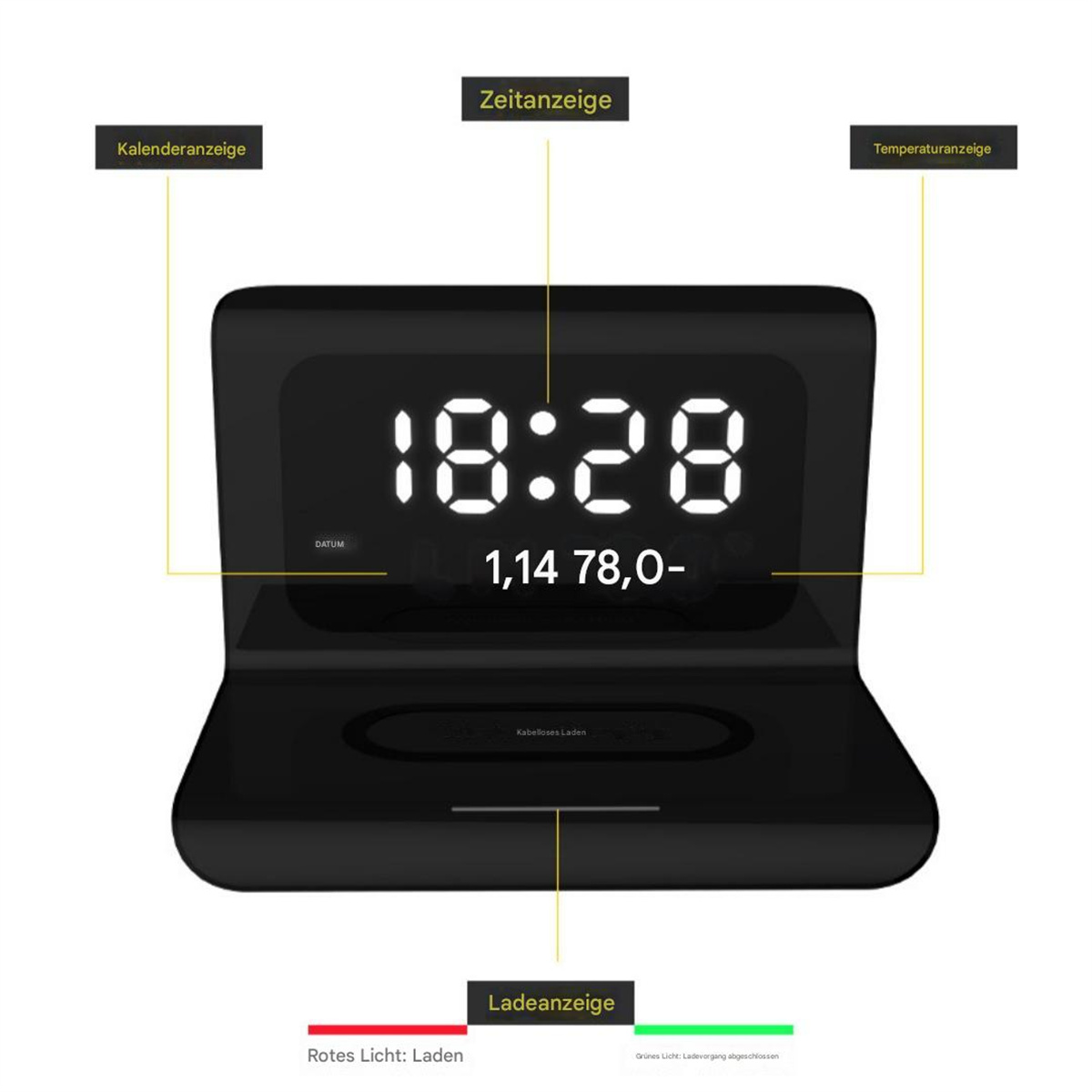 Schwarze Digitaluhr auf einem Ständer. Zeigt Uhrzeit, Datum und Temperatur sowie einen kabellosen Ladebereich an.