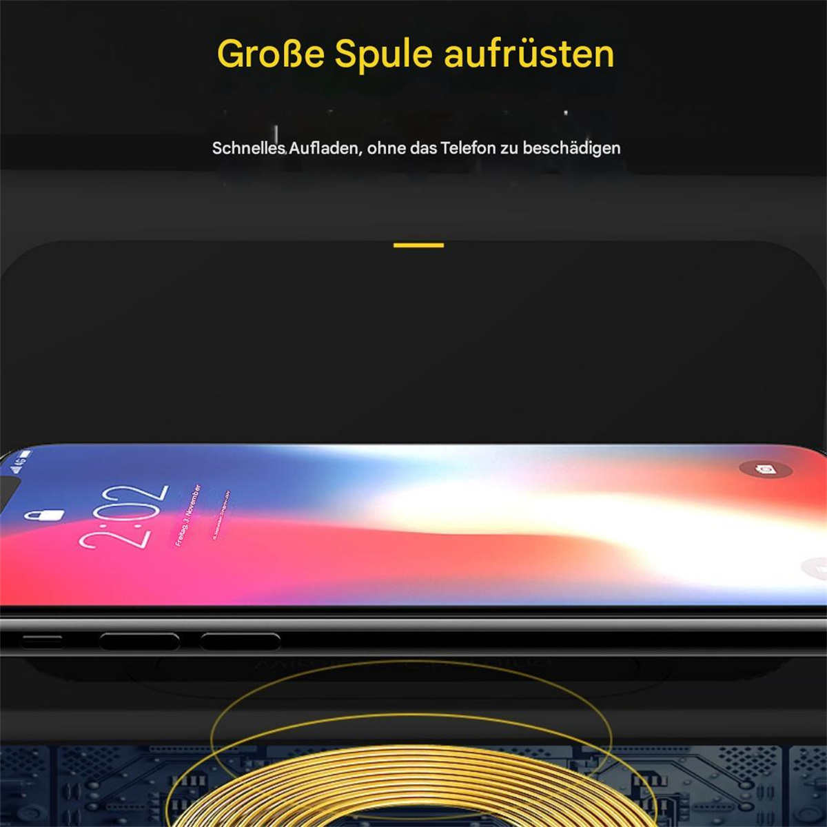Smartphone auf kabellosem Ladegerät, zeigt die Uhrzeit.
