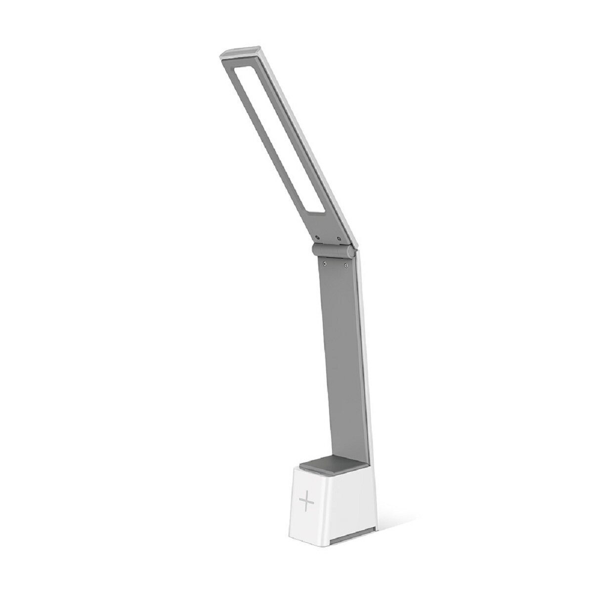 Weiße und silberne Schreibtischlampe. Das Licht ist ein langes Rechteck.