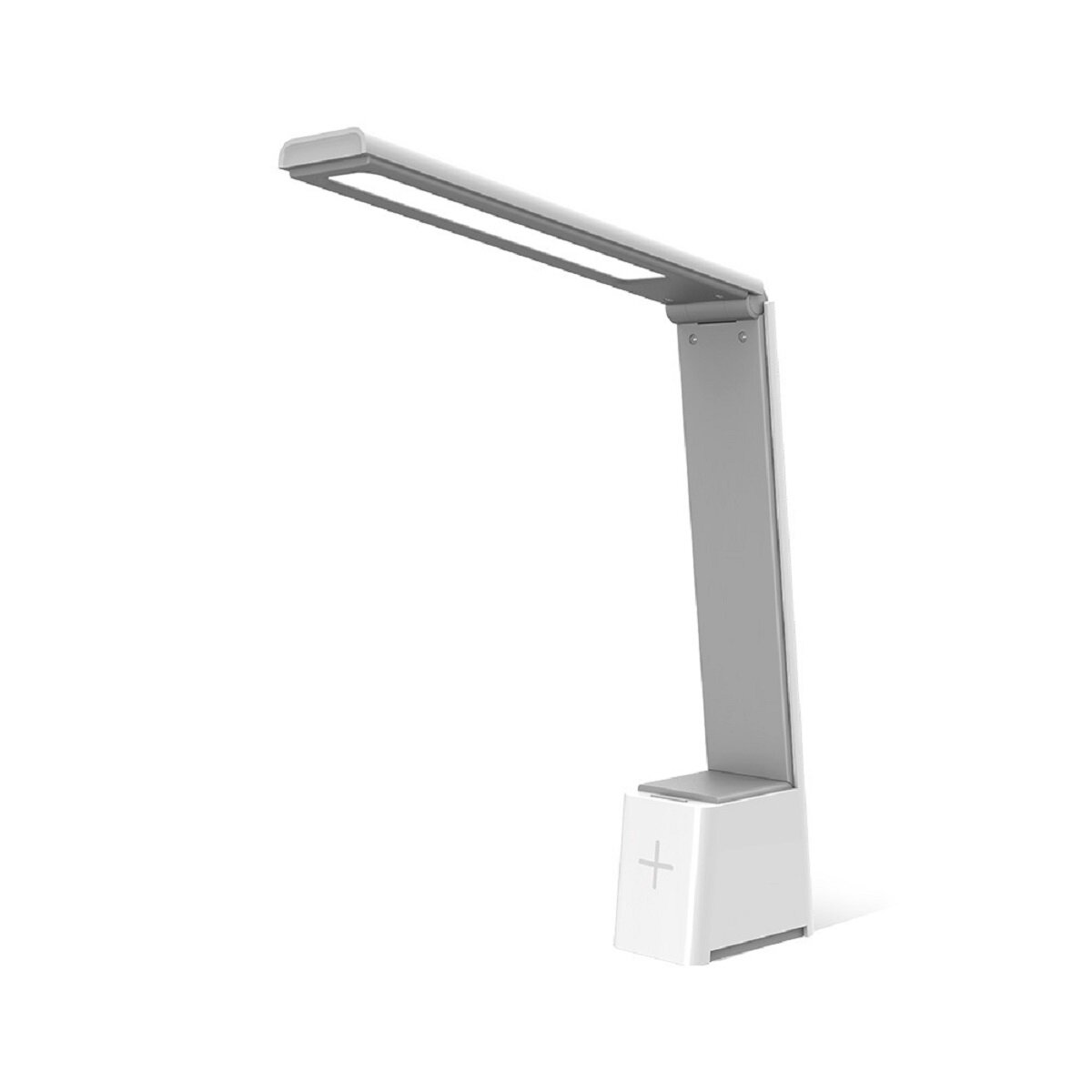 Moderne weiße und graue Schreibtischlampe mit LED-Licht und kabelloser Ladebasis.