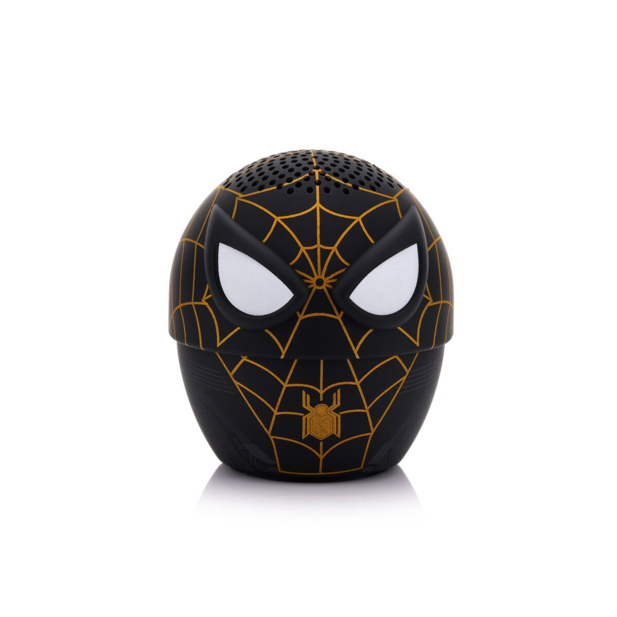 Spider-Man-Lautsprecher, schwarz mit goldenem Spinnennetz-Design und Spider-Man-Logo.