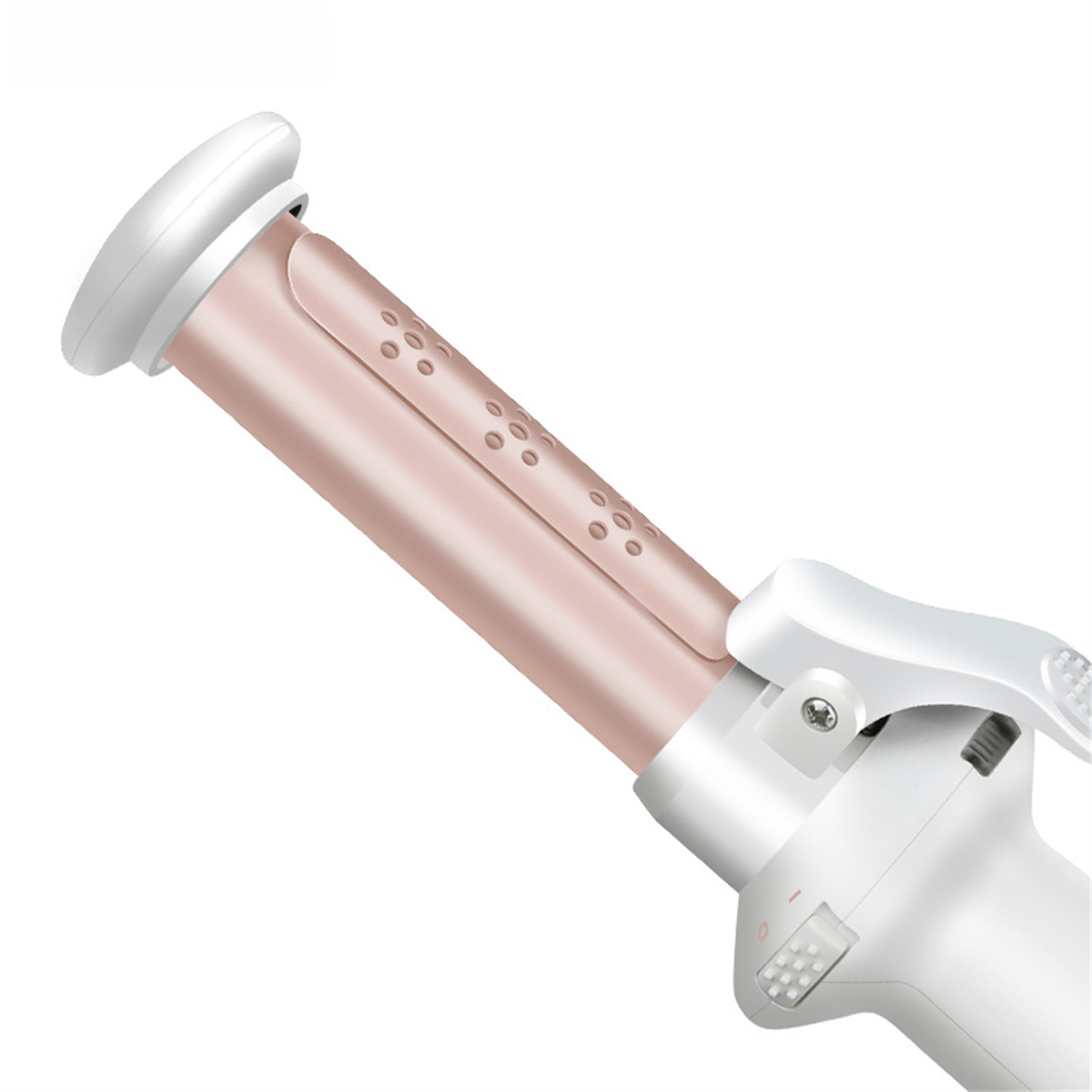 Nahaufnahme eines roségoldenen Lockenstabs. Weißer Griff und Hebel.