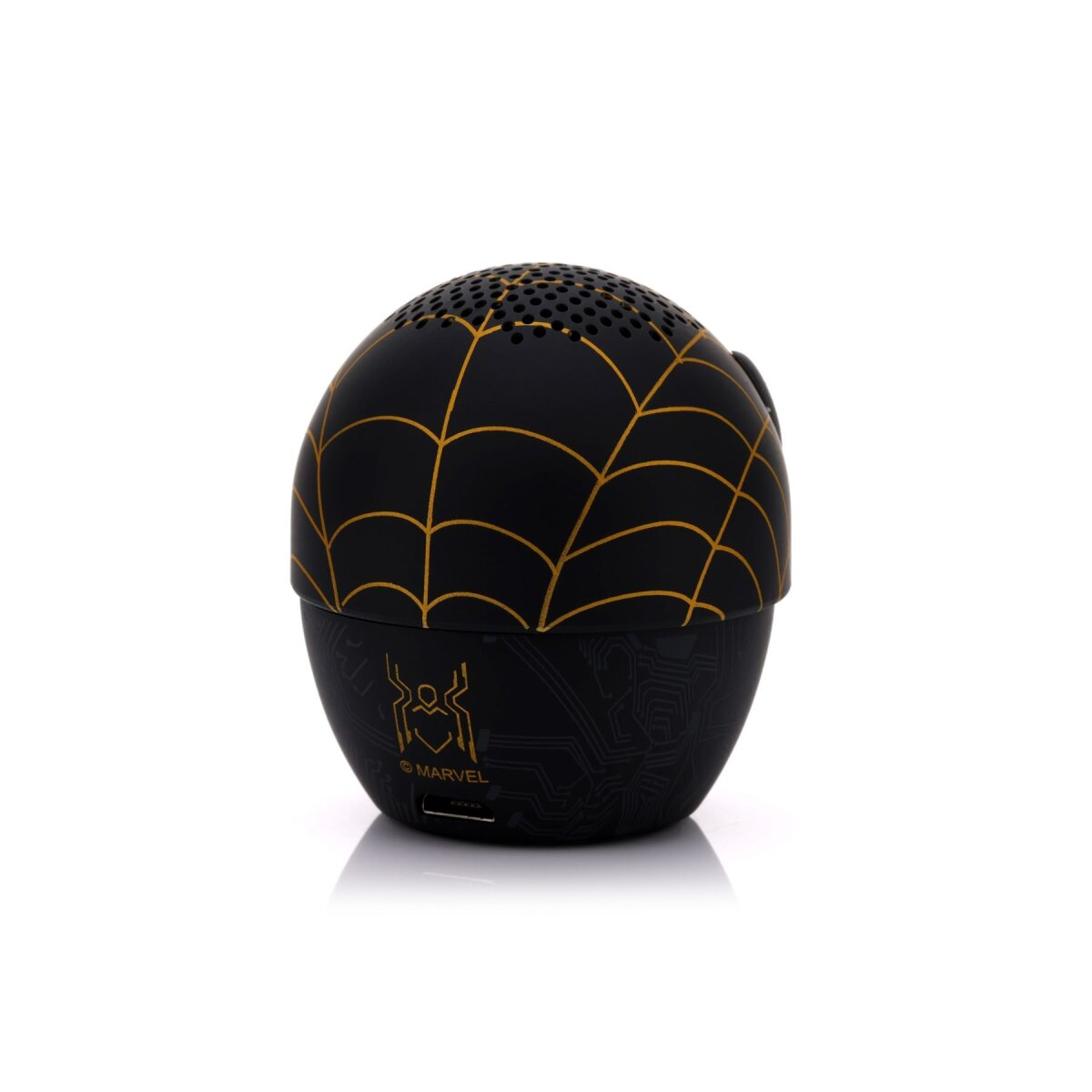 Schwarzer, kugelförmiger Lautsprecher mit goldenem Spinnennetz-Design und Marvel-Logo. Weißer Hintergrund.