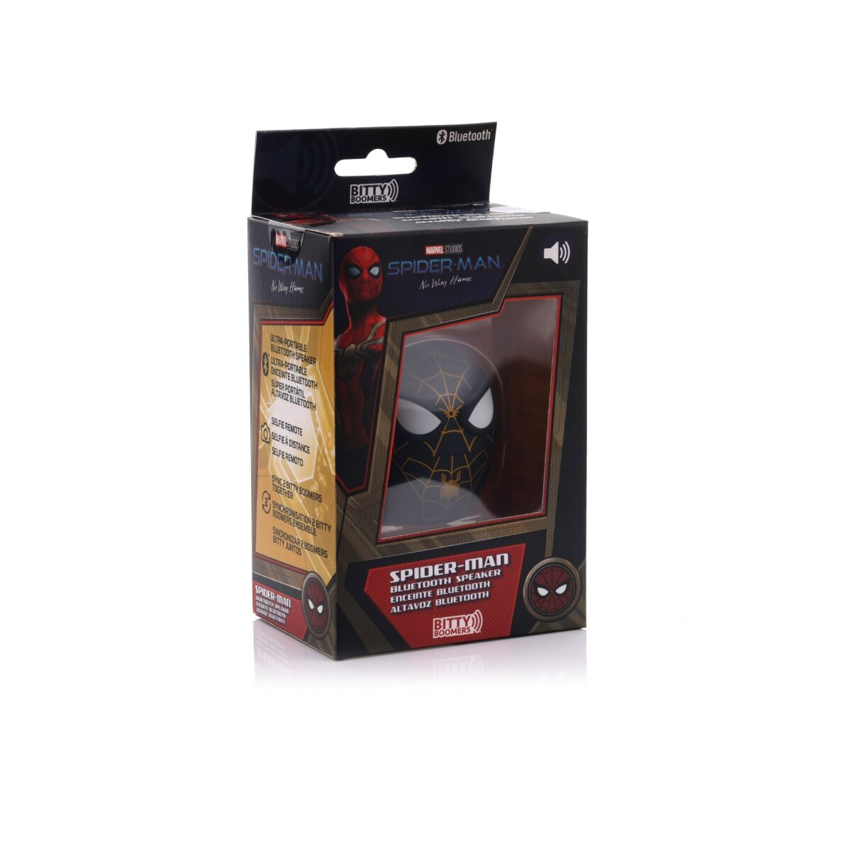 Eine Spider-Man-Lautsprecherbox mit Spider-Man-Grafiken. Die Box ist schwarz mit einem Fenster, das den Lautsprecher zeigt.