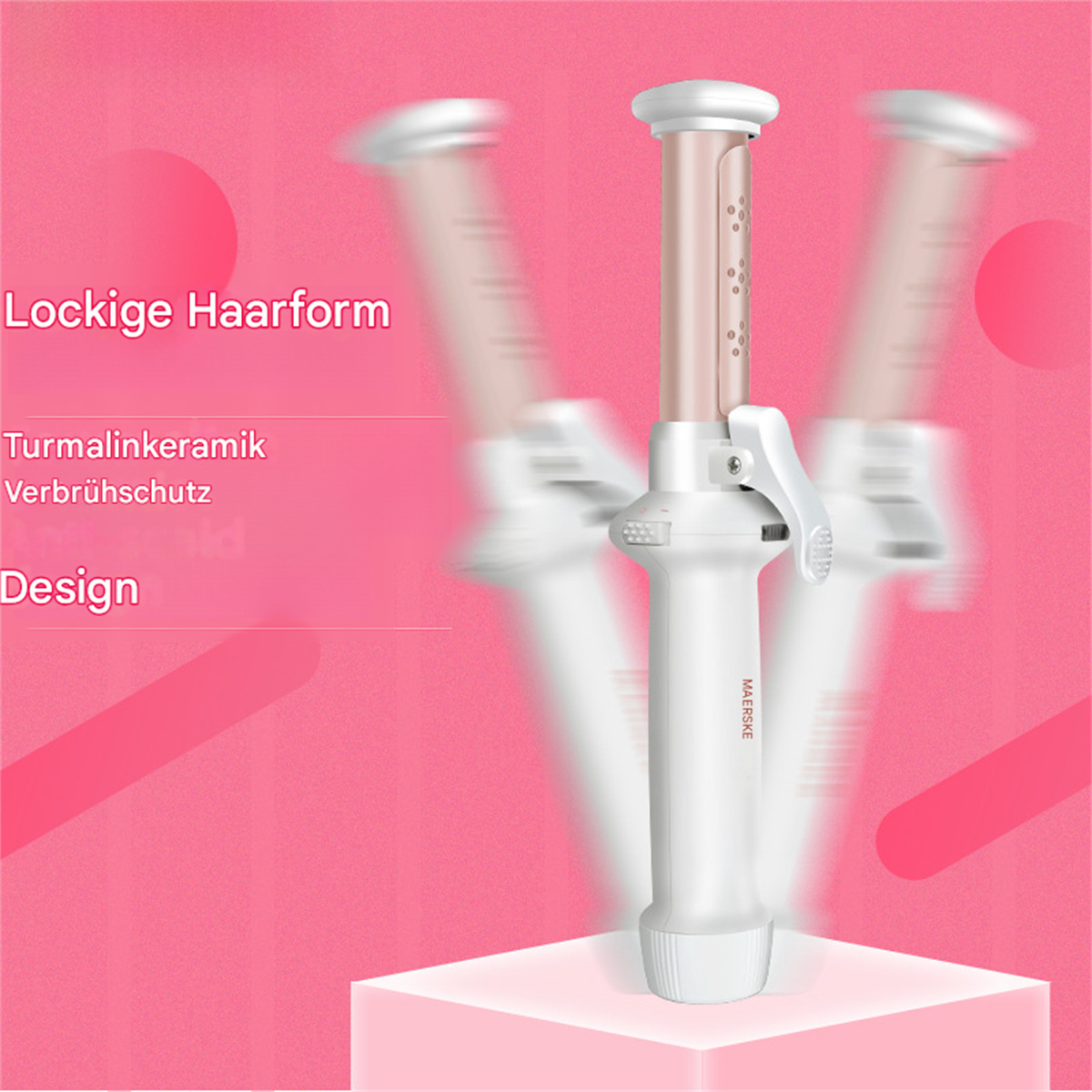 Haarstyler in Bewegung auf pinkem Hintergrund mit Text, mit weißem und roségoldenem Design.