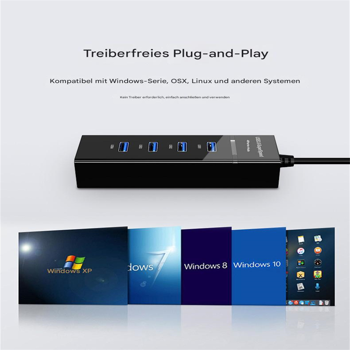 USB-Hub mit mehreren Anschlüssen, verbunden mit verschiedenen Software-Symbolen.