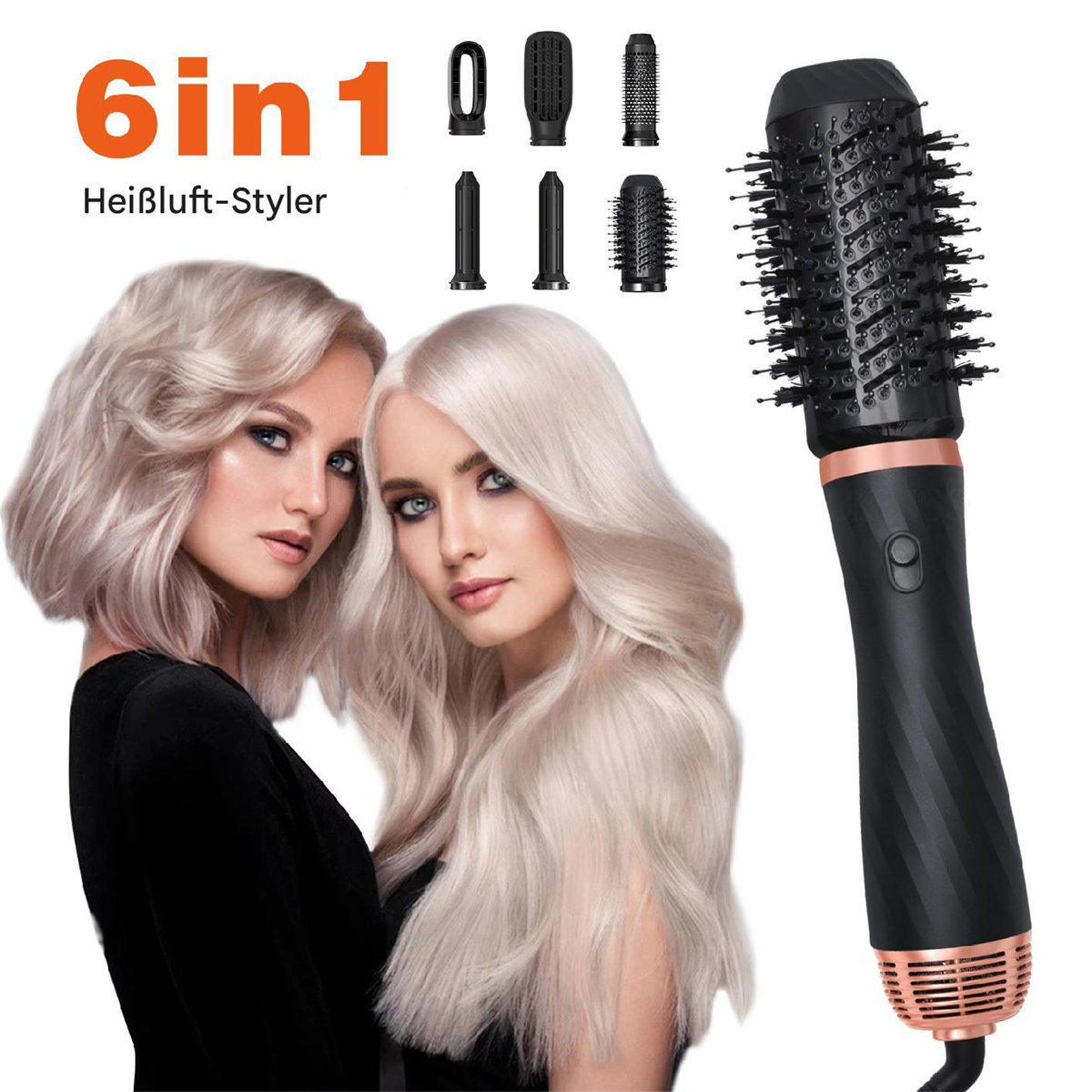 Zwei Frauen mit blonden Haaren neben einem Haarstyling-Gerät mit Aufsätzen.