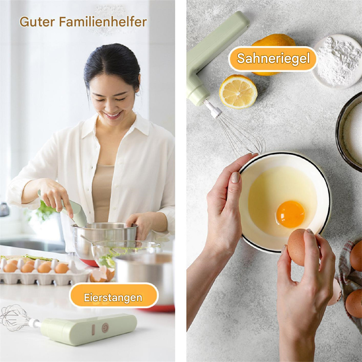 Frau mit Handrührgerät. Zutaten und Teile des Mixers auf der Theke.