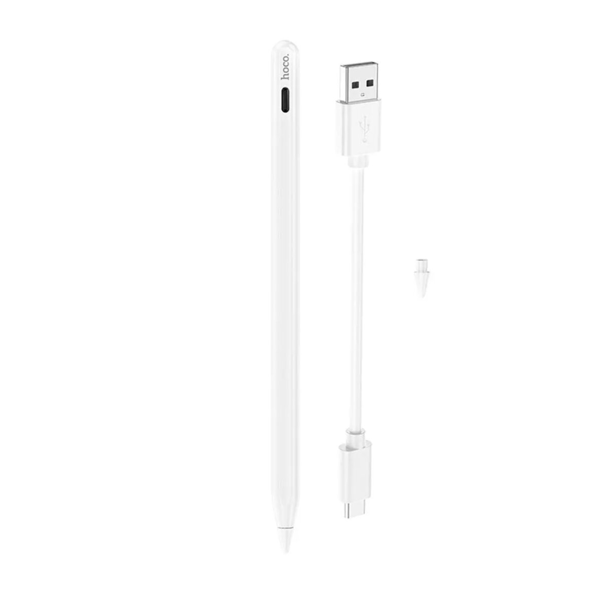 Ein weißer Stylus-Stift mit einem Ladekabel daneben. Das Kabel ist an einen USB angeschlossen.