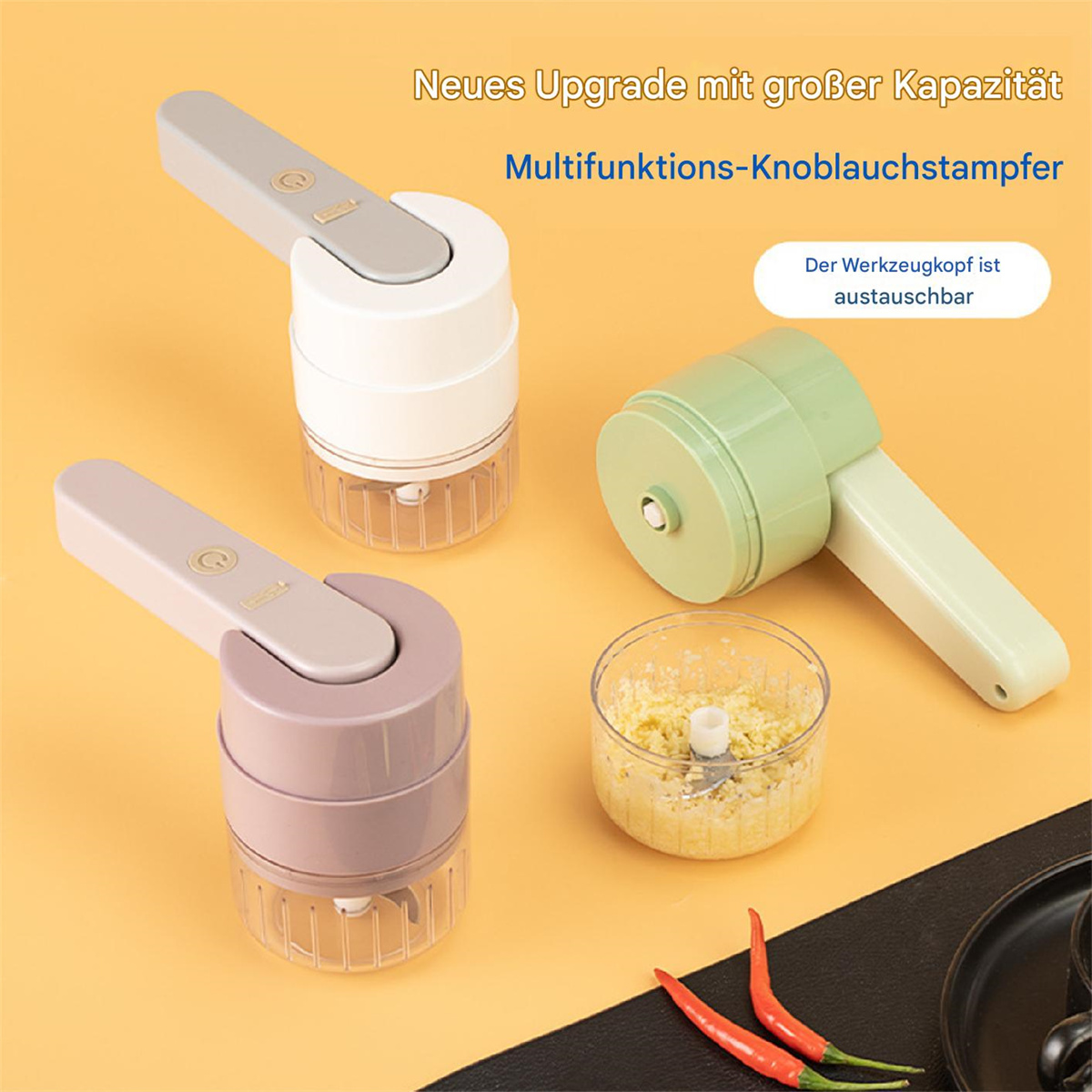 Drei elektrische Knoblauchzerkleinerer. Text enthält 'Neues Upgrade' und 'Multifunktions-Knoblauchstampfer'.