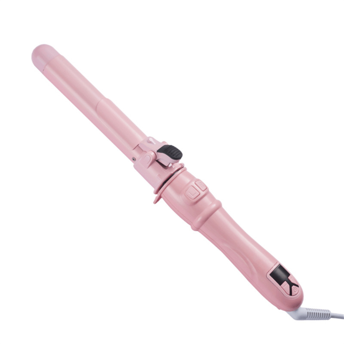 Pinker Lockenstab, schräge Ansicht. Schwarze Details und Netzkabel.