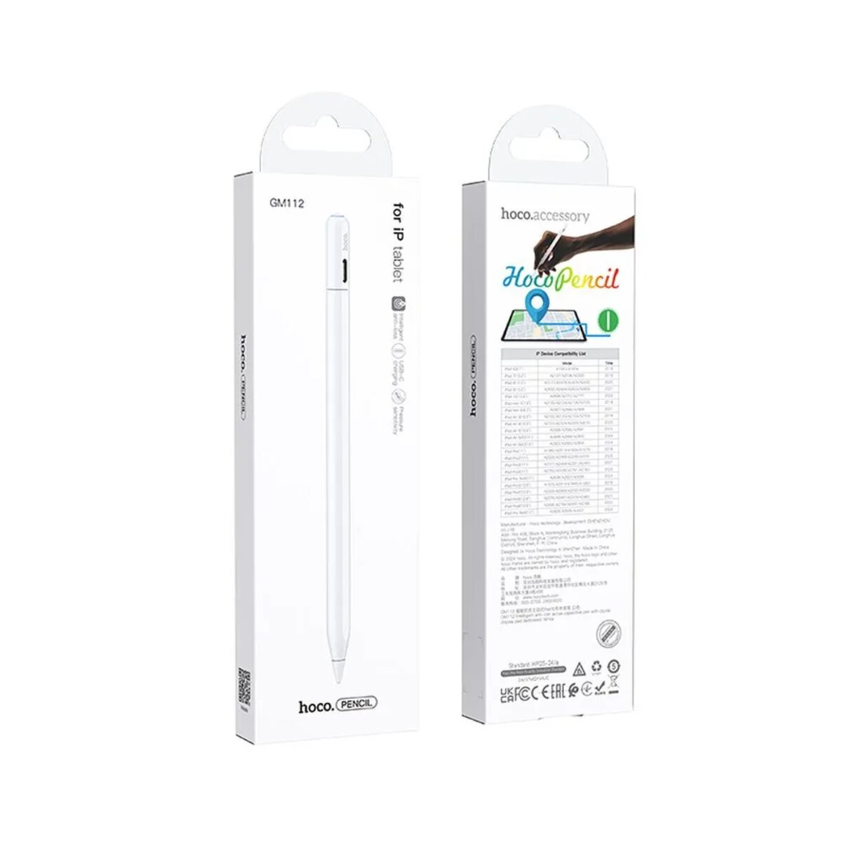 Weißer Stift in einer Box. Die Box zeigt das Produkt und seine Funktionen.