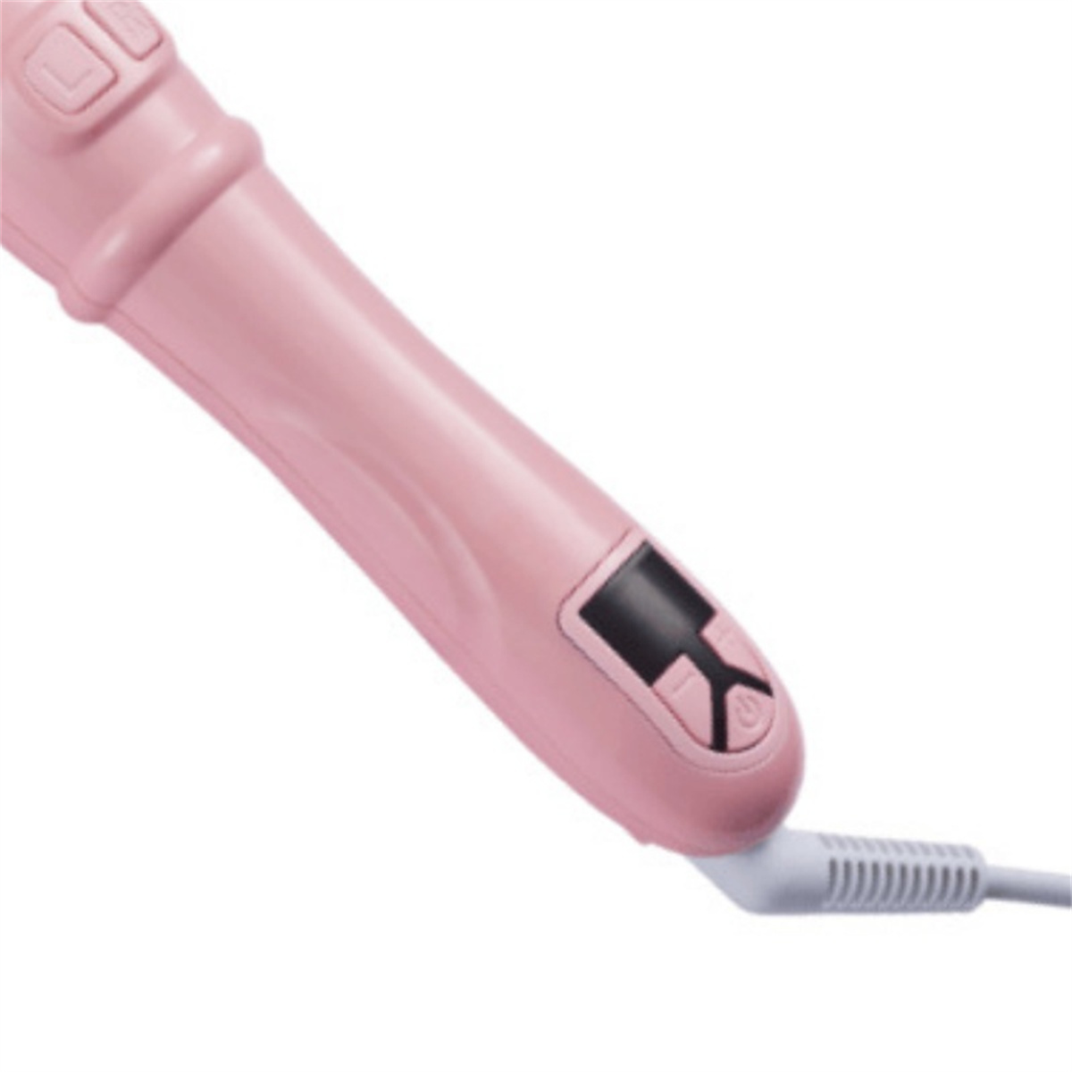 Ein rosa Haarstyling-Werkzeug mit Digitalanzeige und weißem Kabel.