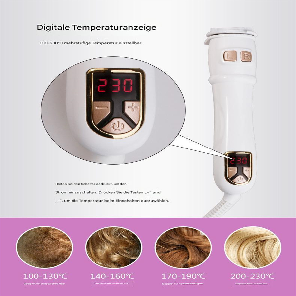 Ein weißes Haarstyling-Gerät mit digitaler Anzeige, das Temperatureinstellungen und verschiedene Haartypen zeigt.