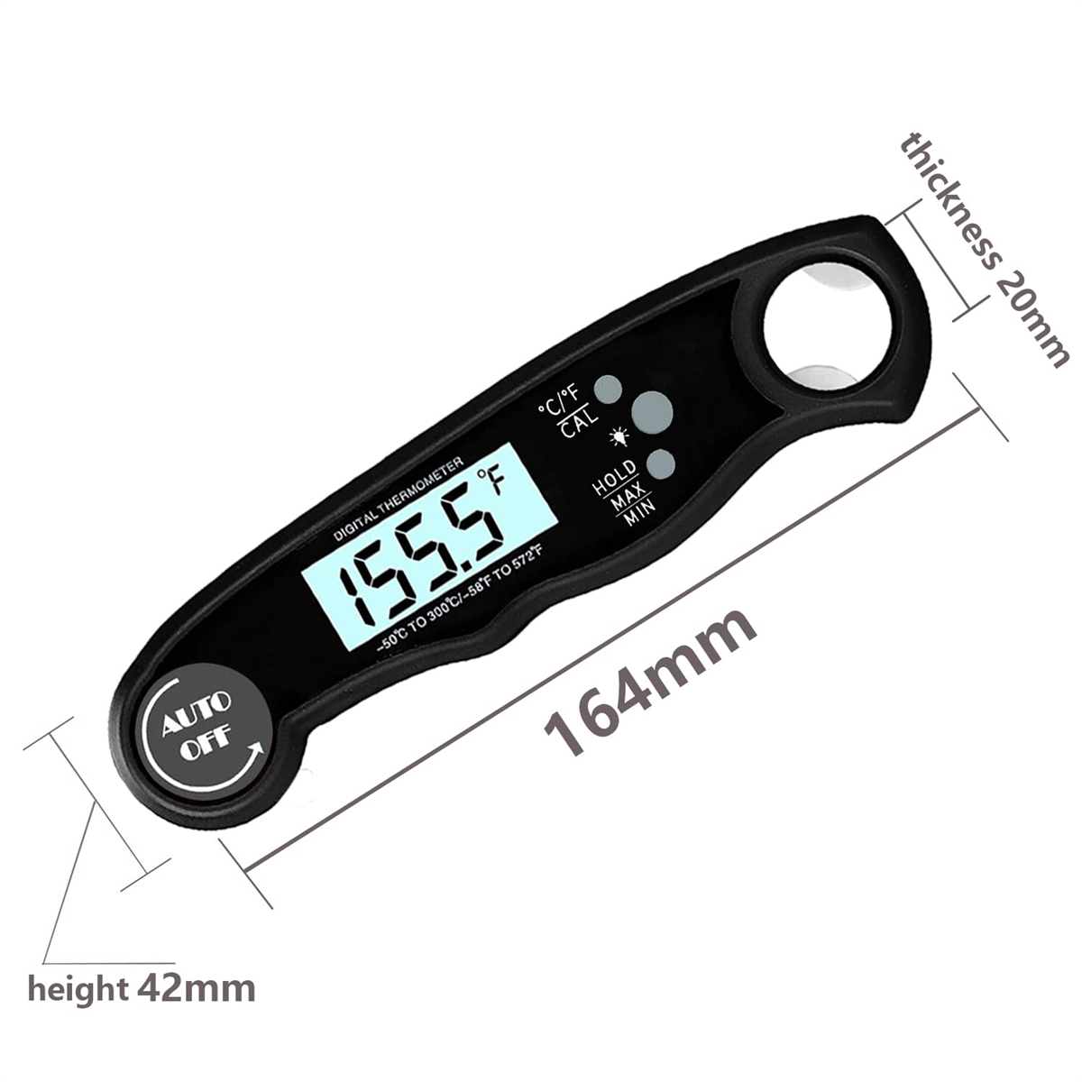 Digitales Fleischthermometer zeigt 155,5 Grad Fahrenheit an.
