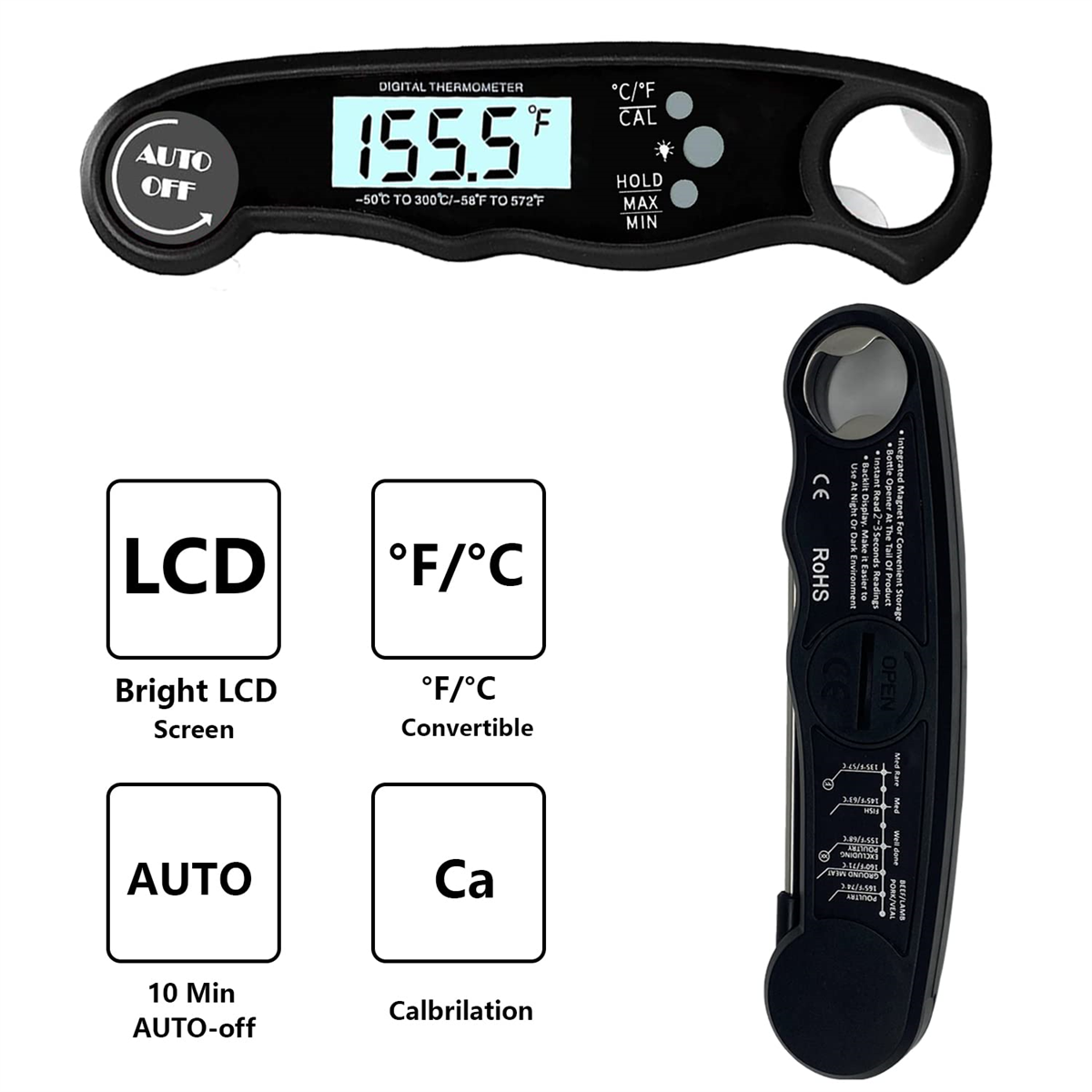 Digitales Thermometer mit schwarzem Gehäuse. Es zeigt die Temperatur an. Es gibt Symbole und eine ausklappbare Sonde.