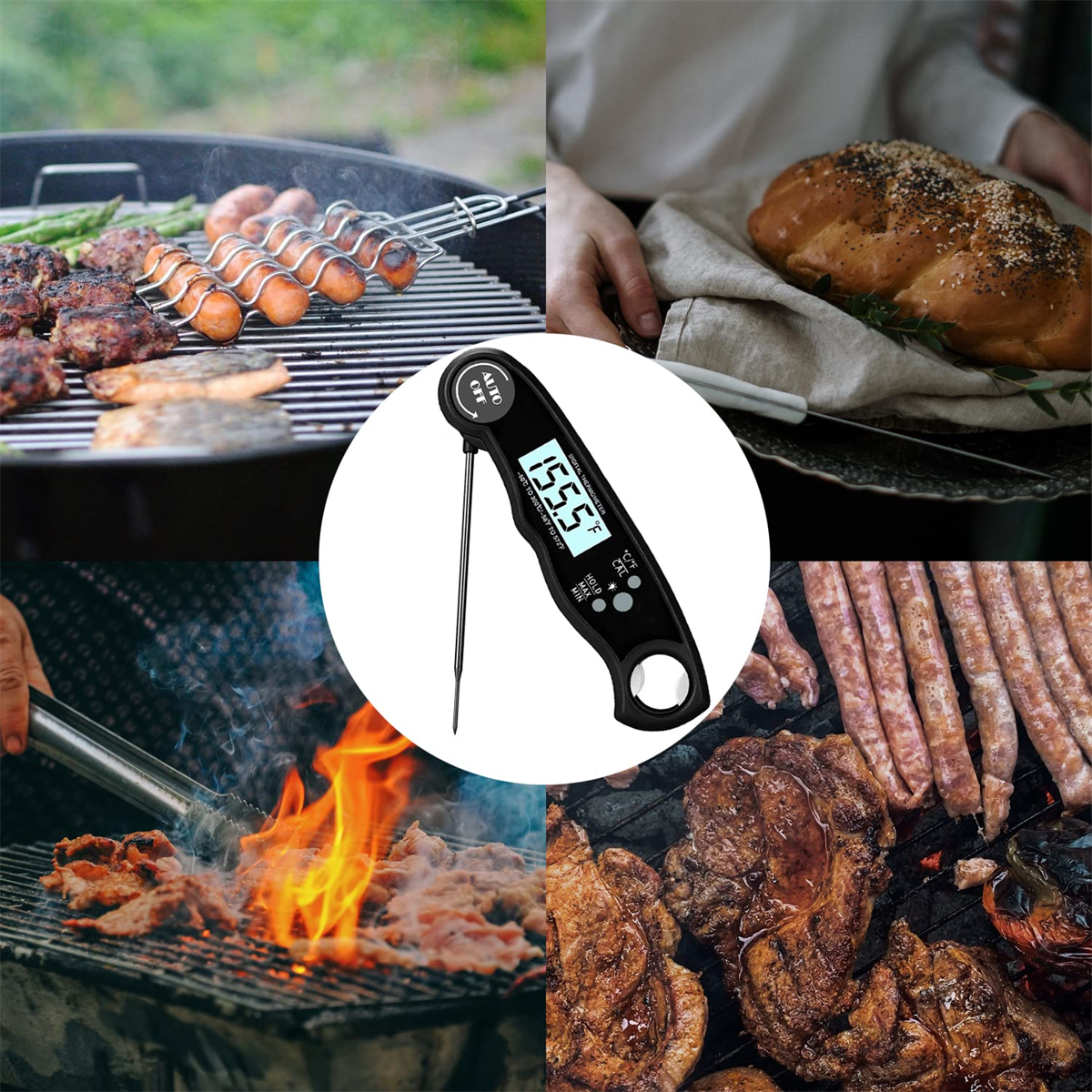 Eine Collage mit einem Lebensmitteltemperaturmesser, grillenden Würstchen und Steak sowie einem Brotlaib auf einem Tisch.