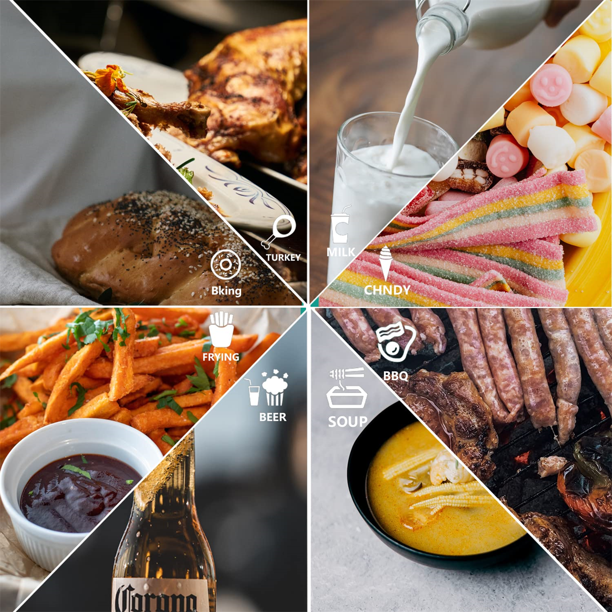 Eine Collage von Essen: Truthahn, Milch, Süßigkeiten, Pommes, Bier, BBQ, Suppe.
