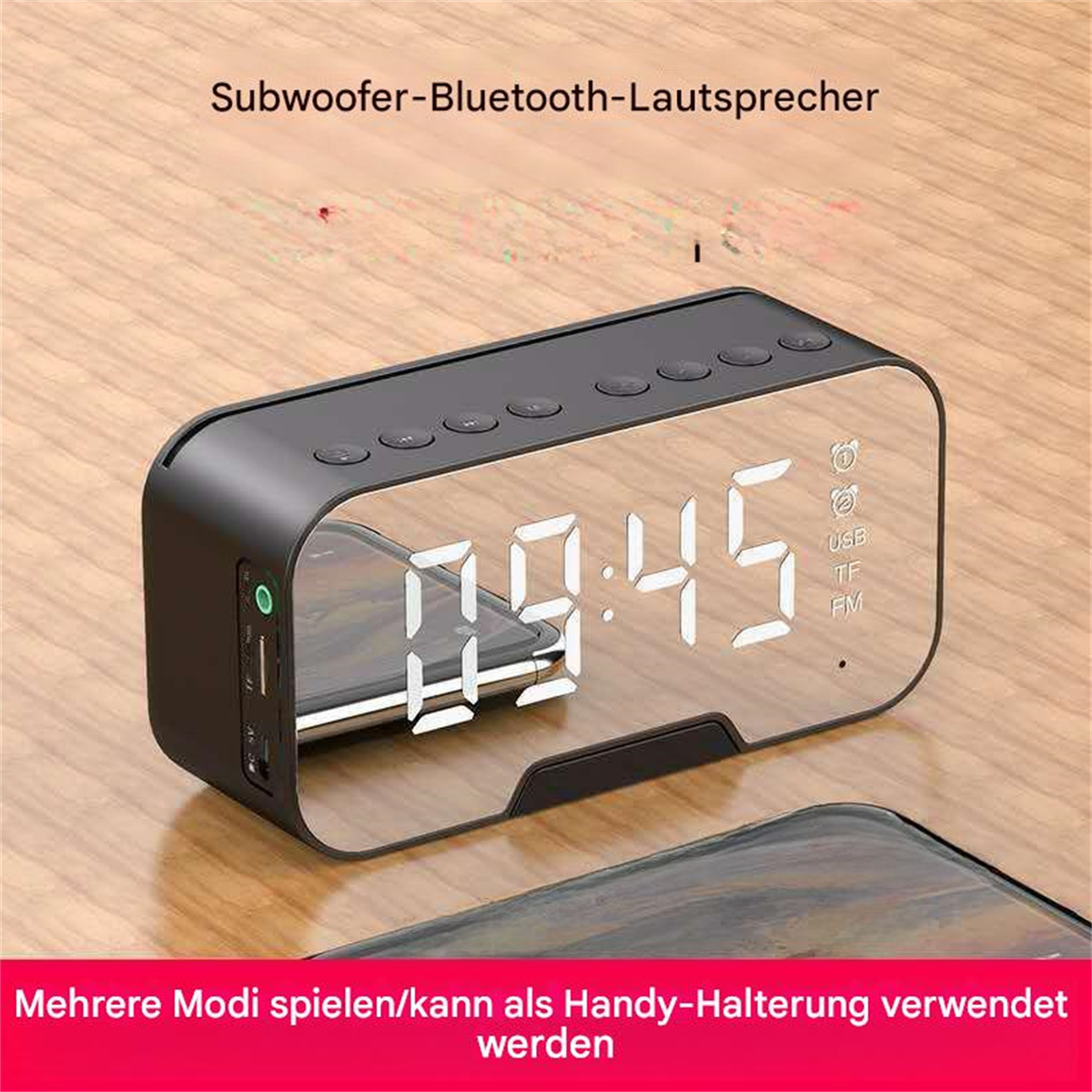 Ein schwarzer Bluetooth-Lautsprecher mit digitaler Uhranzeige. Die Uhrzeit ist 09:45 Uhr.