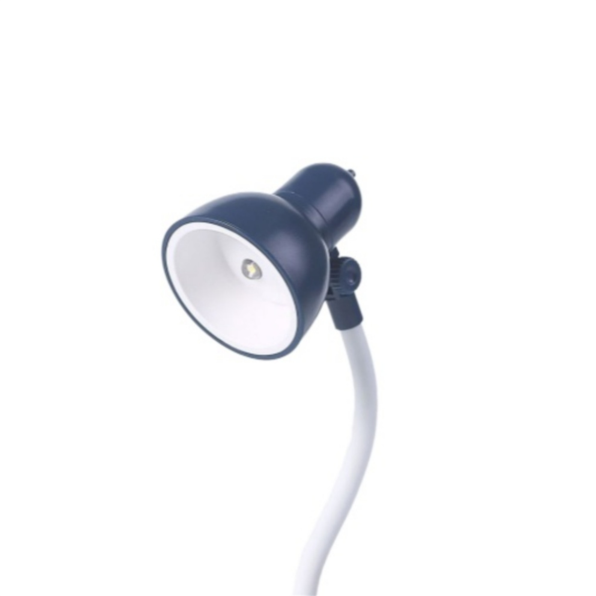 Eine kleine marineblaue Schreibtischlampe mit weißem, flexiblem Hals und weißem Hintergrund.