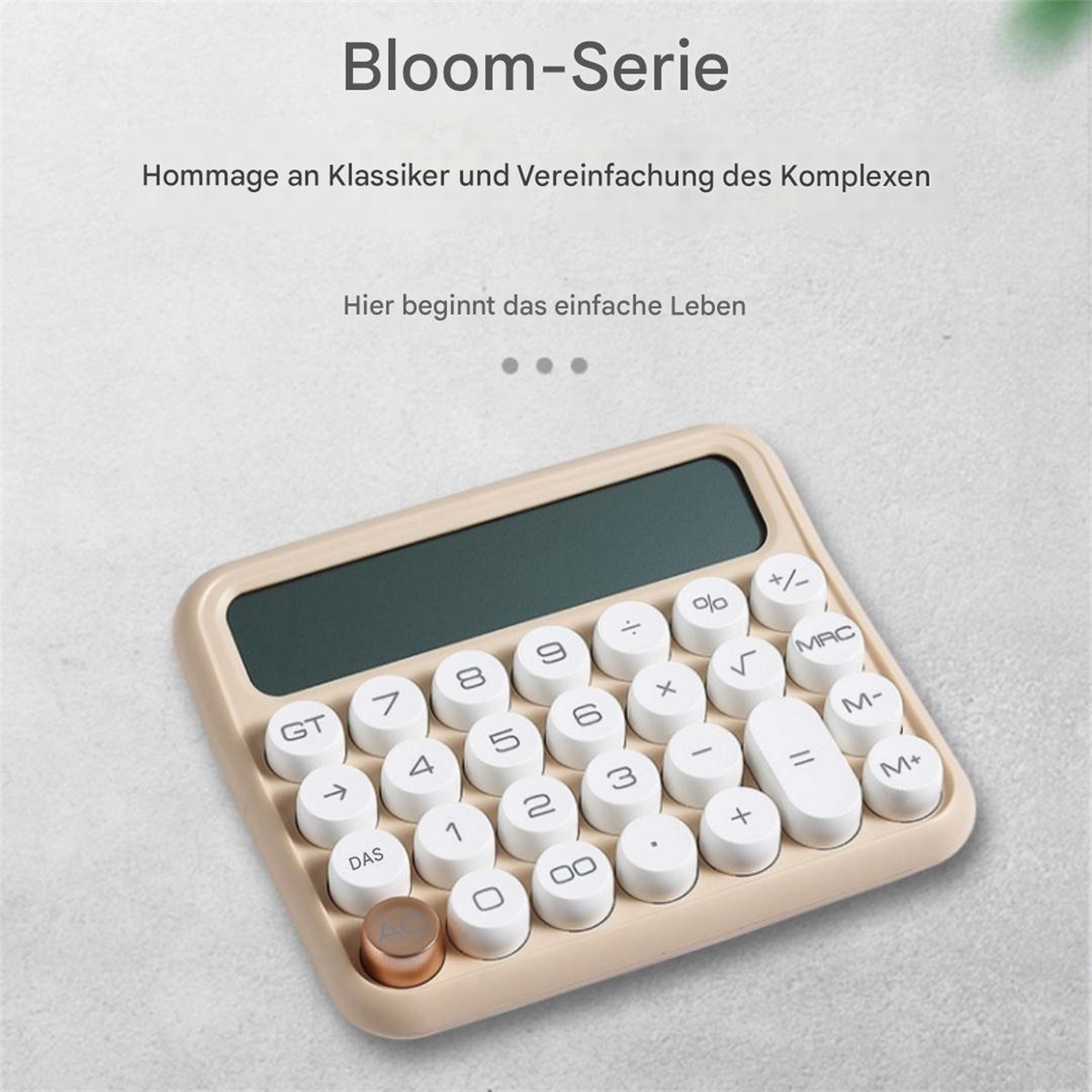 Ein beigefarbener Taschenrechner. Er hat weiße Tasten und einen roségoldfarbenen Akzent auf der linken Seite.