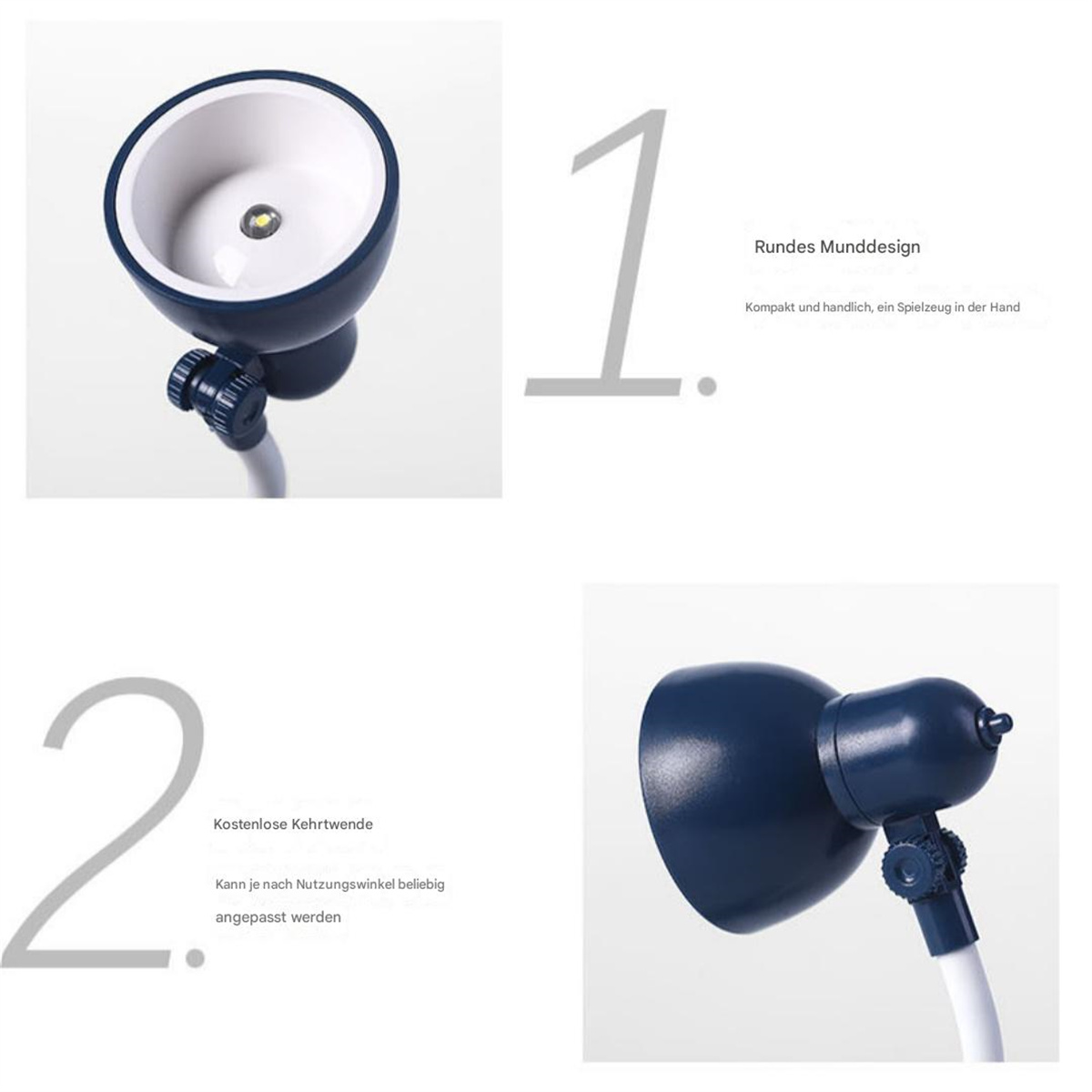 Zwei Bilder einer kleinen blauen Lampe. Merkmale der Lampe werden hervorgehoben.