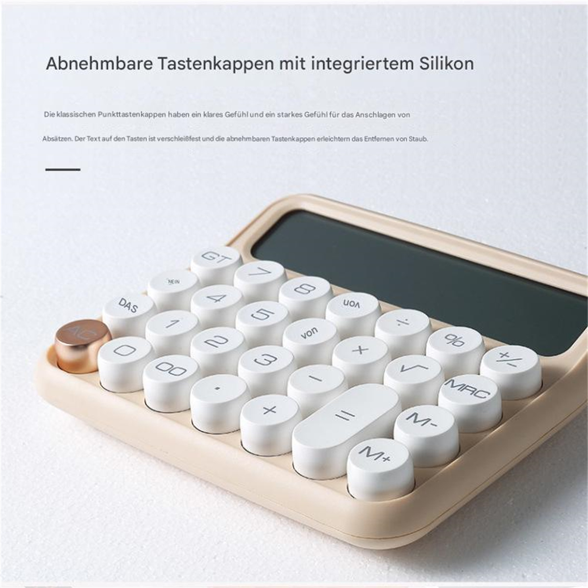 Cremefarbener Taschenrechner mit runden Tasten. Der Rechner hat einen Bildschirm und Funktionstasten.
