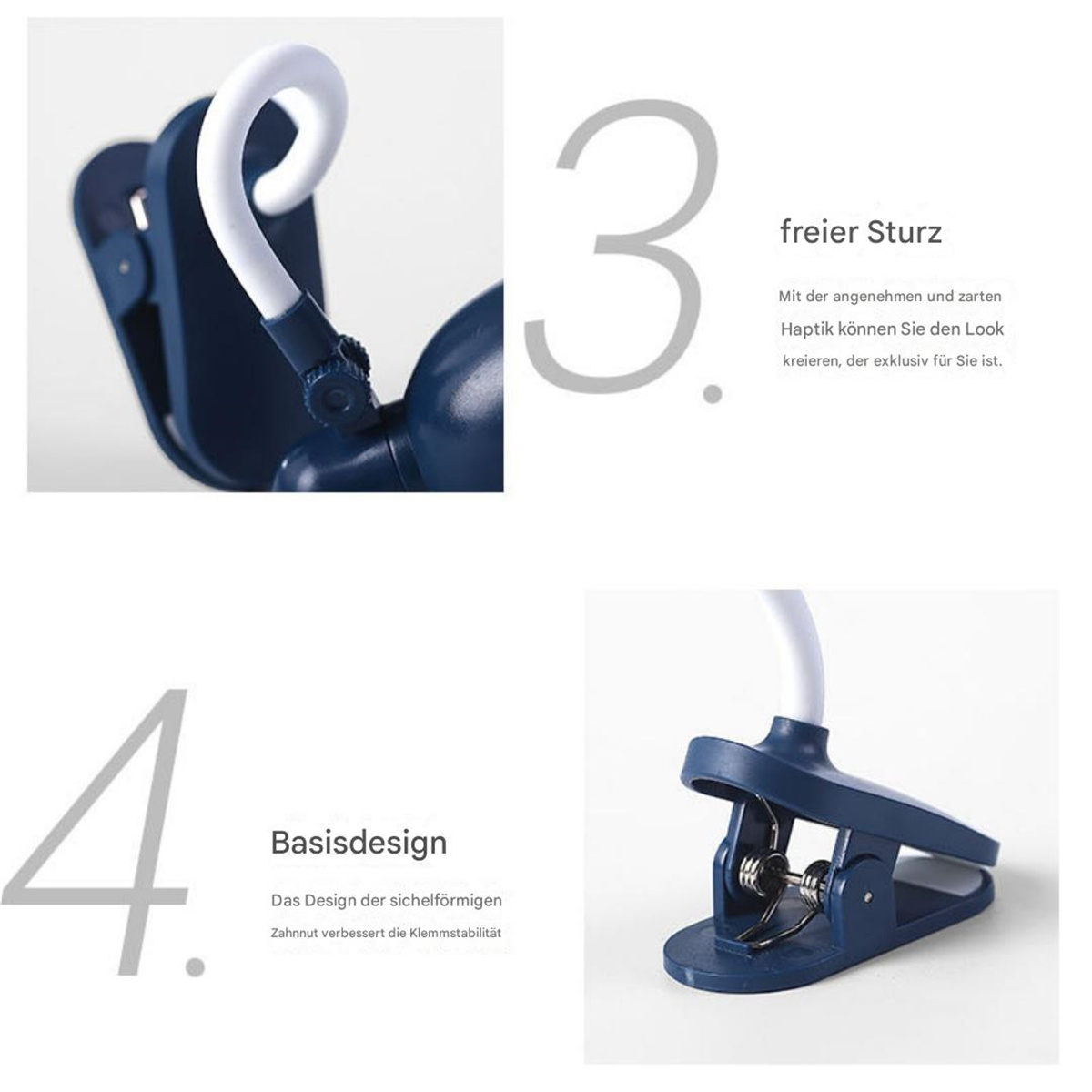Nahaufnahmen eines marineblauen und weißen klammerartigen Objekts, mit deutschem Text.