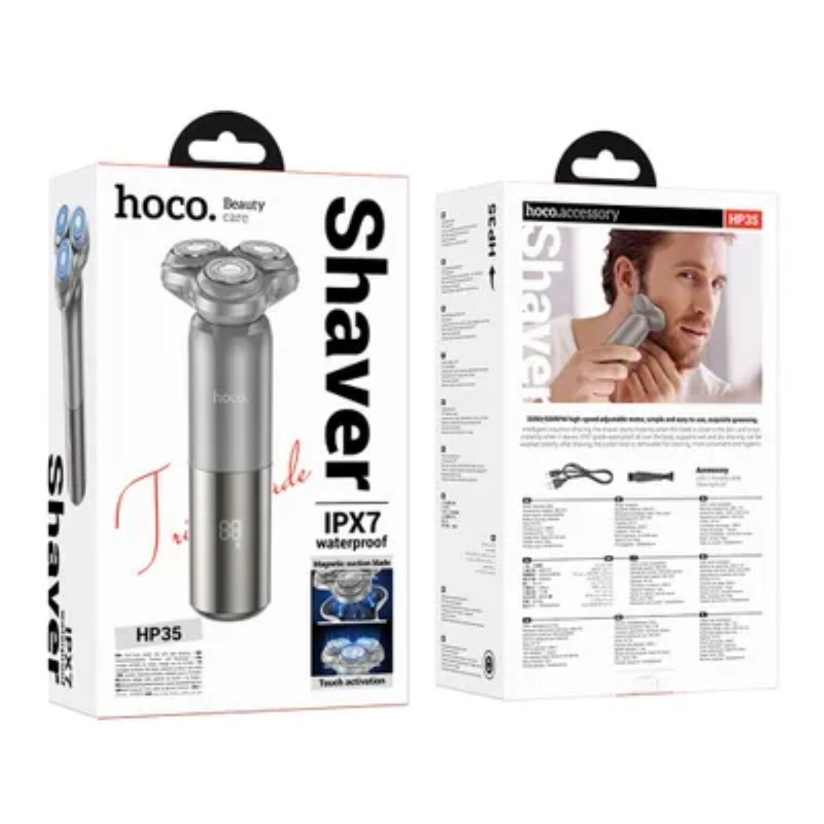 Zwei Produktboxen, eine mit einem Rasierer. Die Boxen haben Text und Bilder des Produkts.