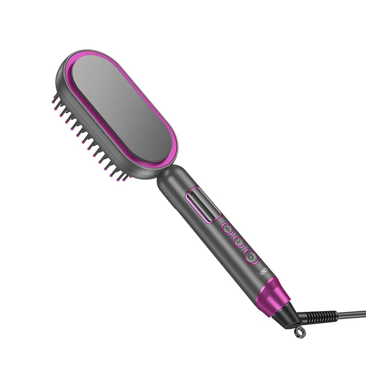 Una spazzola lisciante per capelli nera e viola. Ha pulsanti e un cavo di alimentazione.