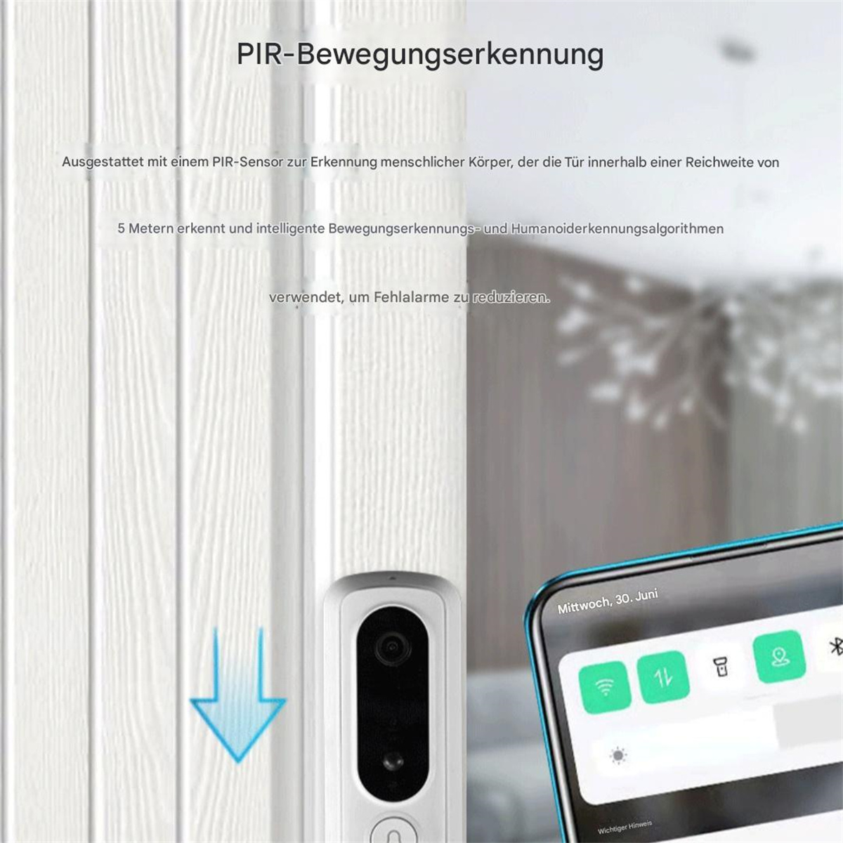 Eine weiße Türklingel mit Kamera und Smartphone-Bildschirm mit Benutzeroberfläche. Die Wand ist weiß.