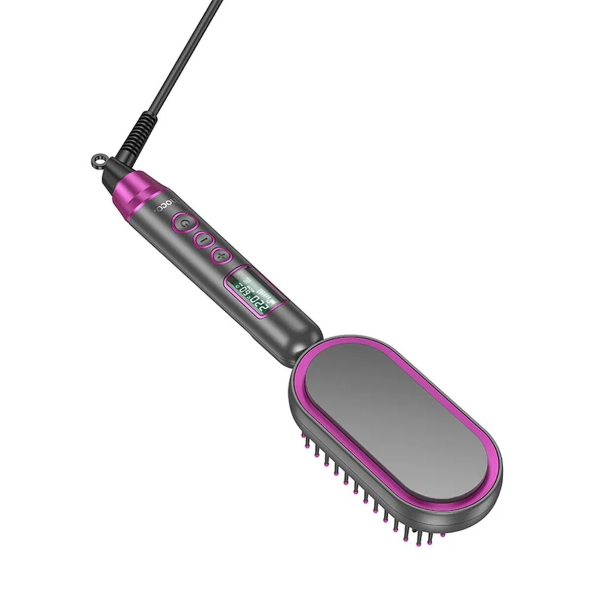 Una spazzola per capelli grigia e rosa, con display digitale e cavo di alimentazione. È angolata su sfondo bianco.