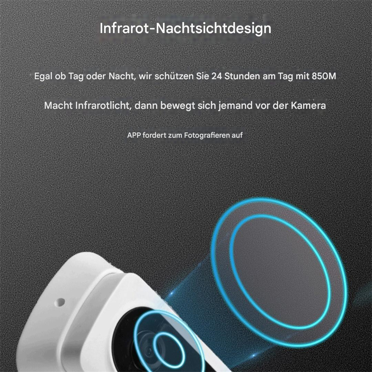 Eine weiße Überwachungskamera mit deutschem Text: 'Infrarot-Nachtsichtdesign', blaue Lichtstrahlen und Text über die Kamera.