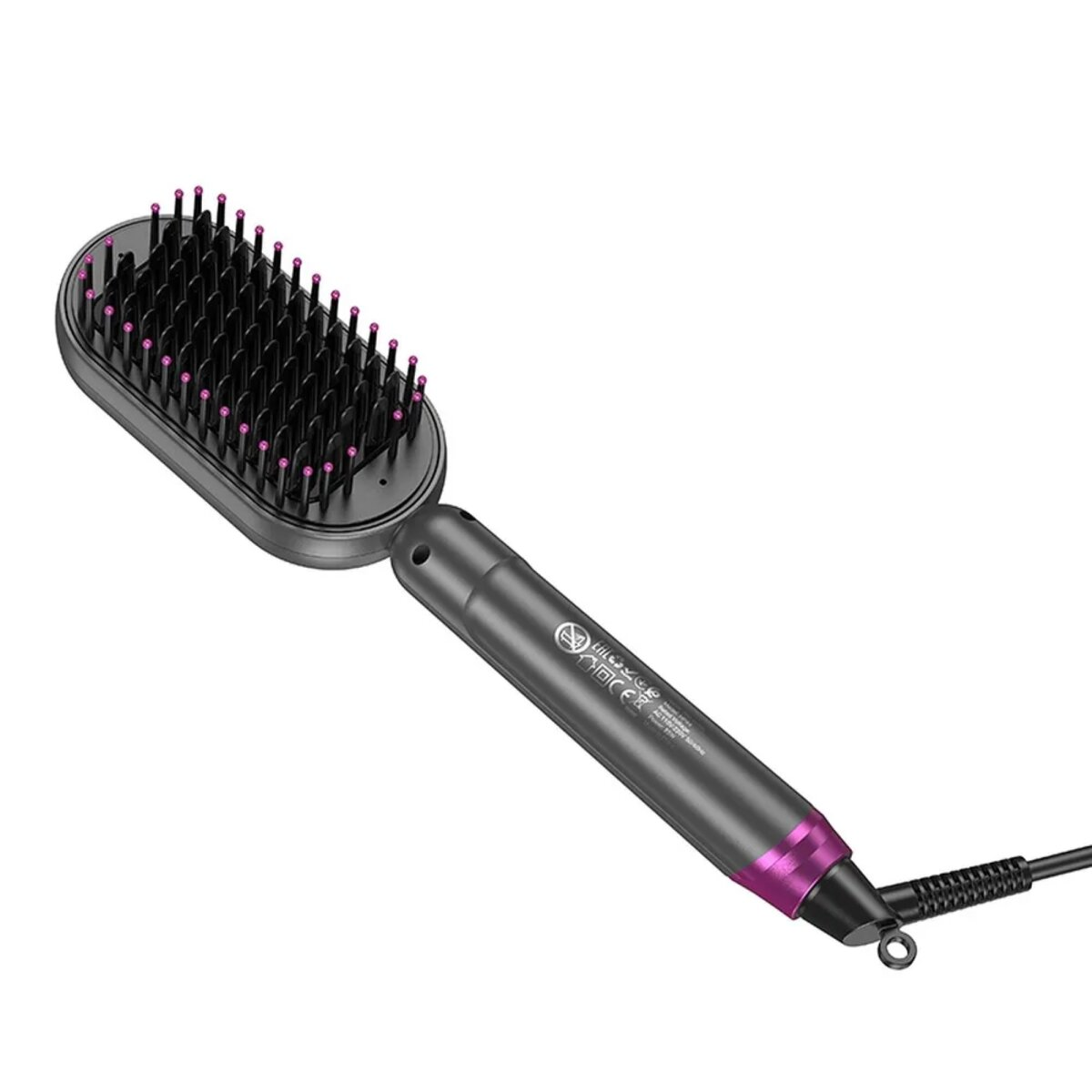 Spazzola lisciante per capelli nera con setole rosa. Ha un manico e un cavo di alimentazione.