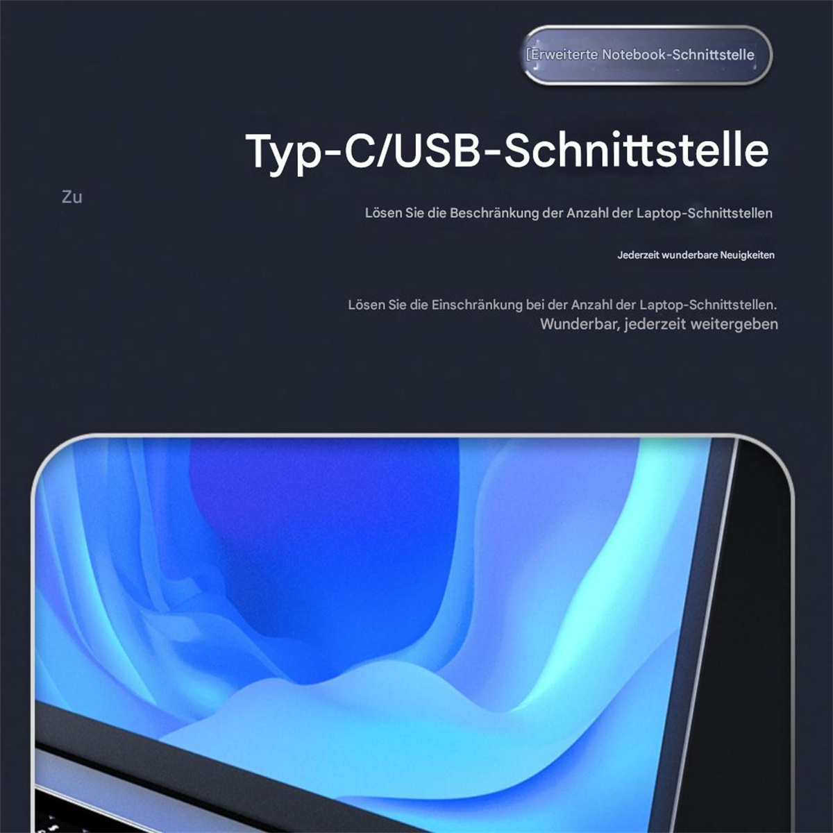 Nahaufnahme einer Laptop-Oberfläche mit Text. Dunkler Hintergrund.