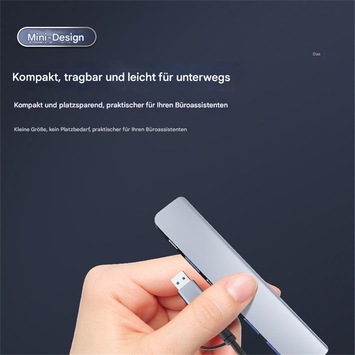 Silberner USB-Hub, eine Hand hält das Kabel. Blauer Hintergrund mit Text.
