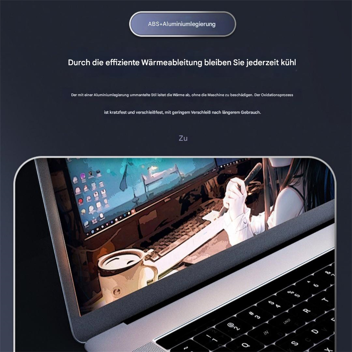 Laptop-Bildschirm mit einem Arbeitsbereich. Tastatur im Vordergrund. Text über dem Bildschirm.