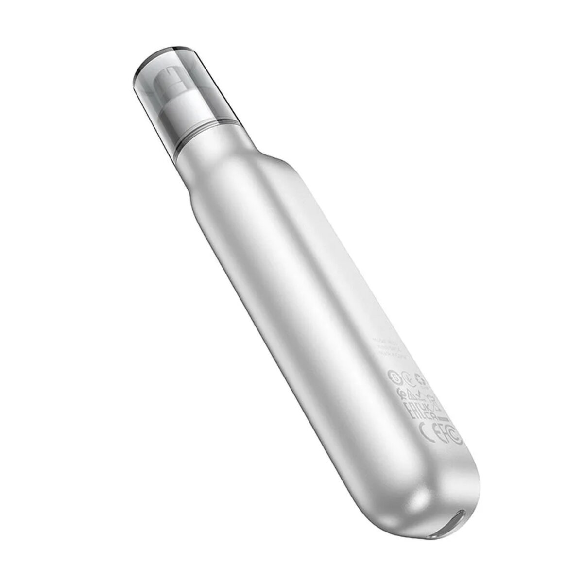 Silberne zylindrische Flasche mit transparentem Deckel. Es scheint eine Sprühflasche zu sein.