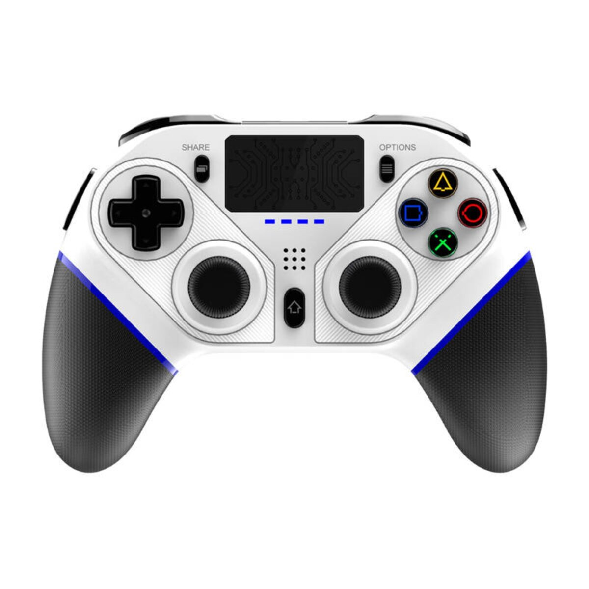 Weißer und schwarzer Gamecontroller mit Knöpfen, Steuerkreuz und Analogsticks, Draufsicht.