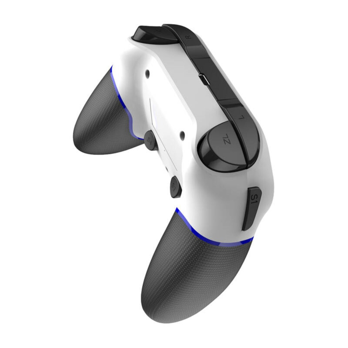 Weiß-grauer Gamecontroller. Schwarze Griffe und Knöpfe. Weißer Hintergrund.